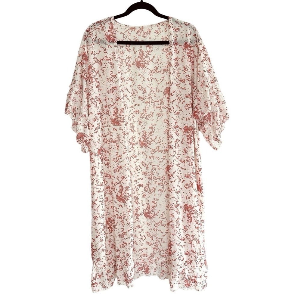 Sheer Floral Kimono Duster Cardigan White Pink Gold Ruffle Sleeve Chiffon Whimsy